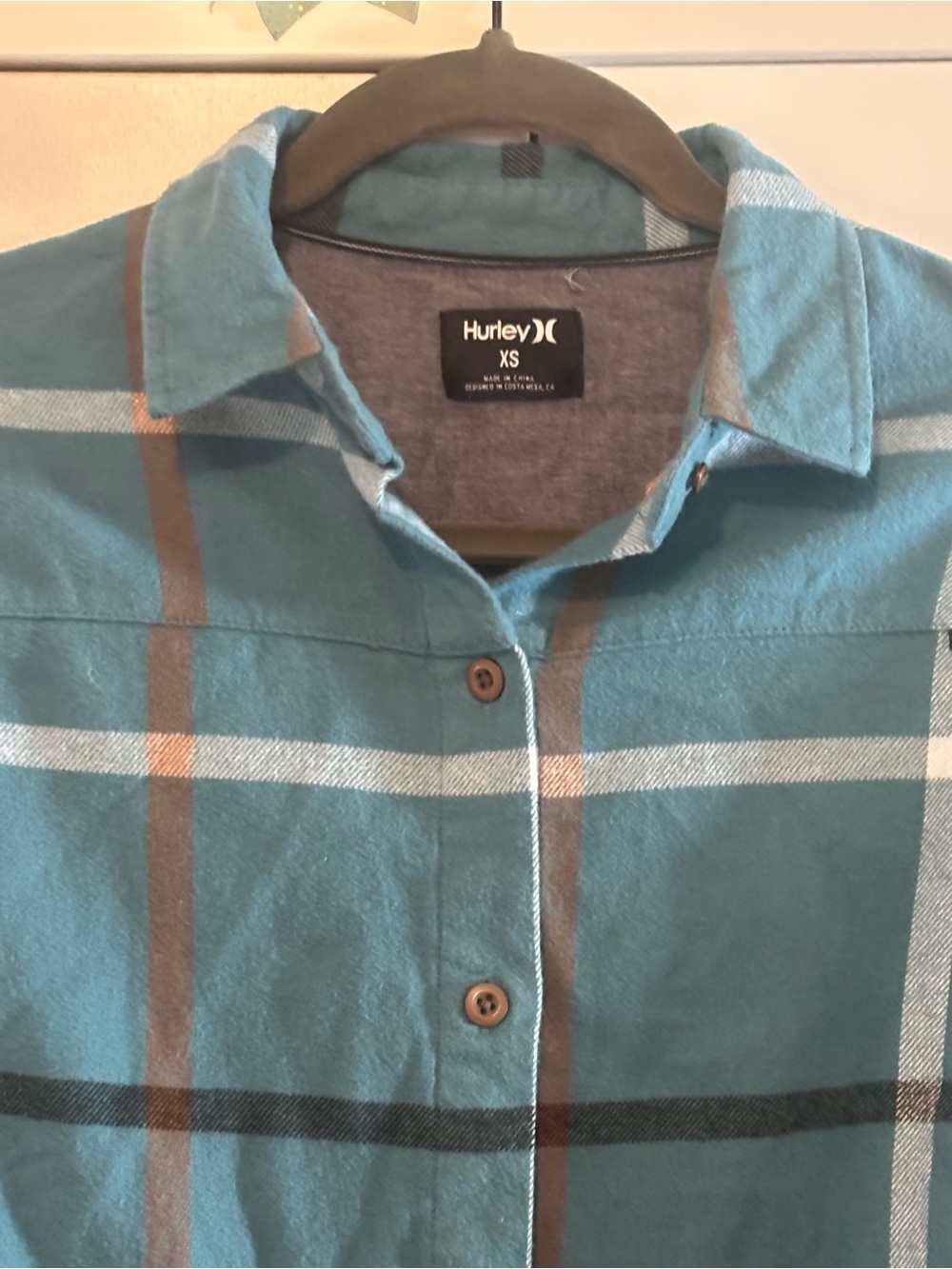 Hurley Teal Plaid Button-Front Shirt with Brown Stripes